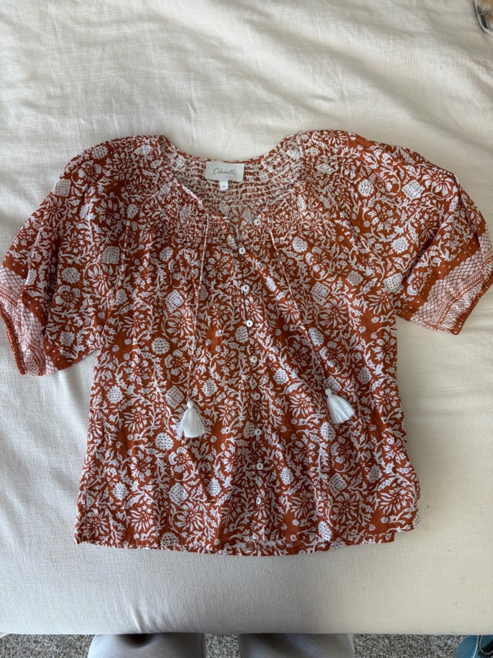 Cleobella Rust and White Floral Tassel Peasant Blouse